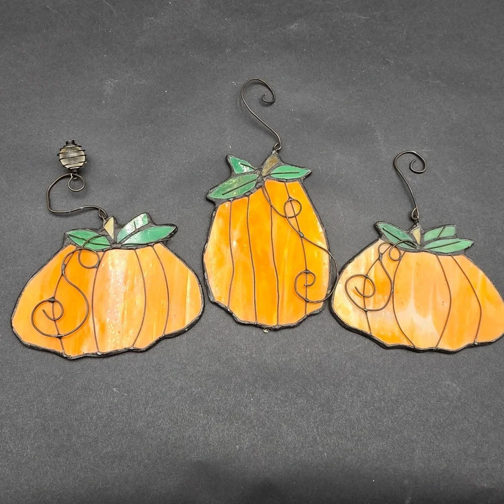 Stained Glass Pumpkin Ornaments Set of 3 Fall Suncatchers Halloween Decor